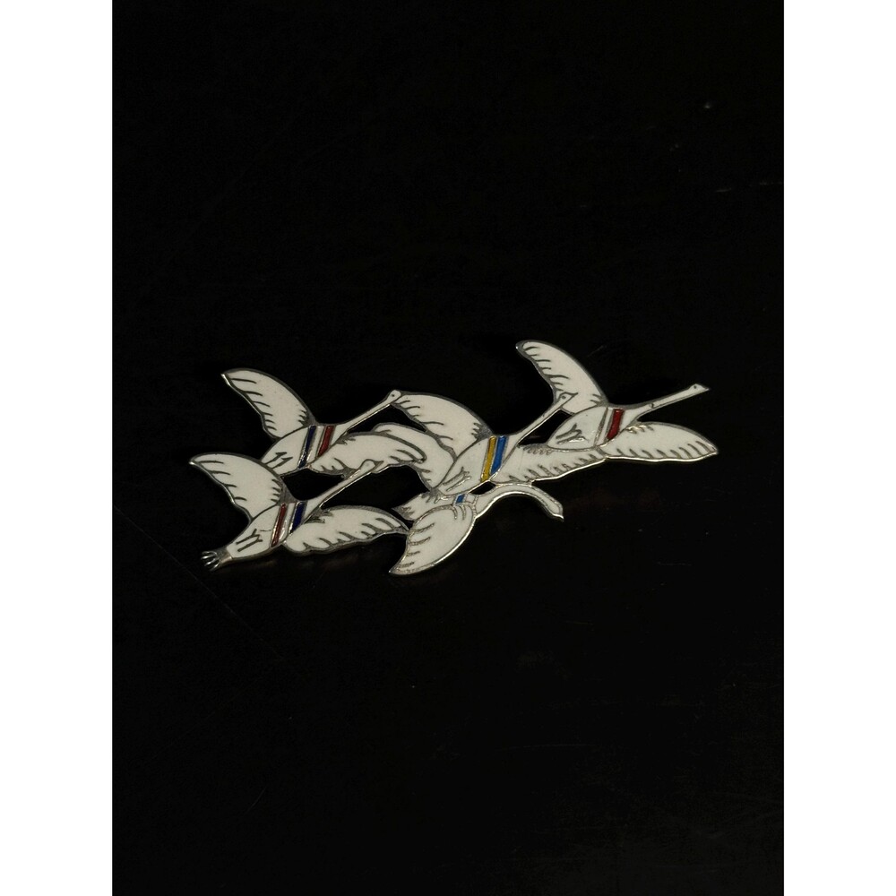 Vintage Erik Magnussen Sterling Enamel Five Swans Brooch Denmark 10.5g